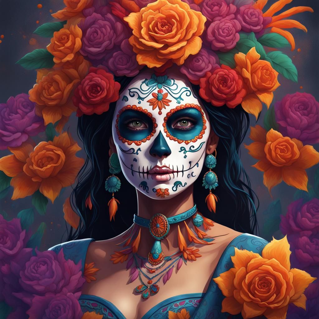 Detailed Catrina Mexicana Stencil Art: Fantasy Concept
