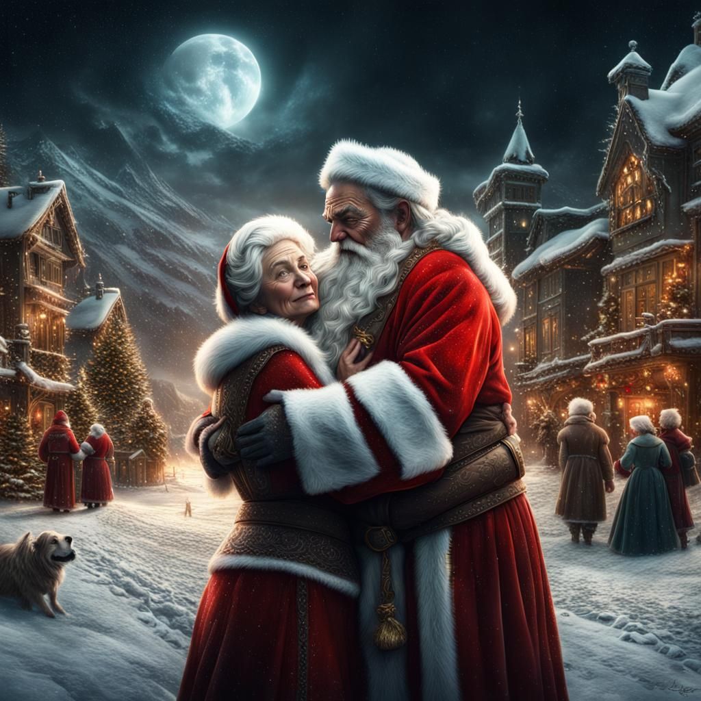 Father Christmas Embraces Mrs. Claus in Digital Painting