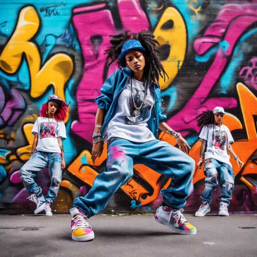 Hip-Hop Breakdance Crew in Urban Graffiti Art Style