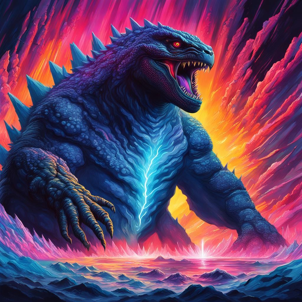 Bioluminescent Godzilla in Hollow Earth, Synthwave Art