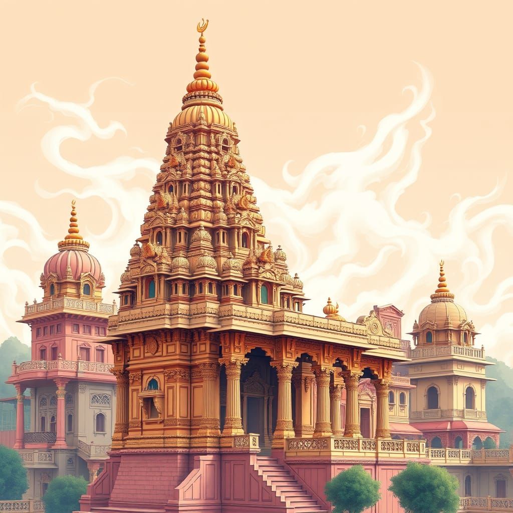 Stunning Hindu Temple Illustration in Whimsical Art Style