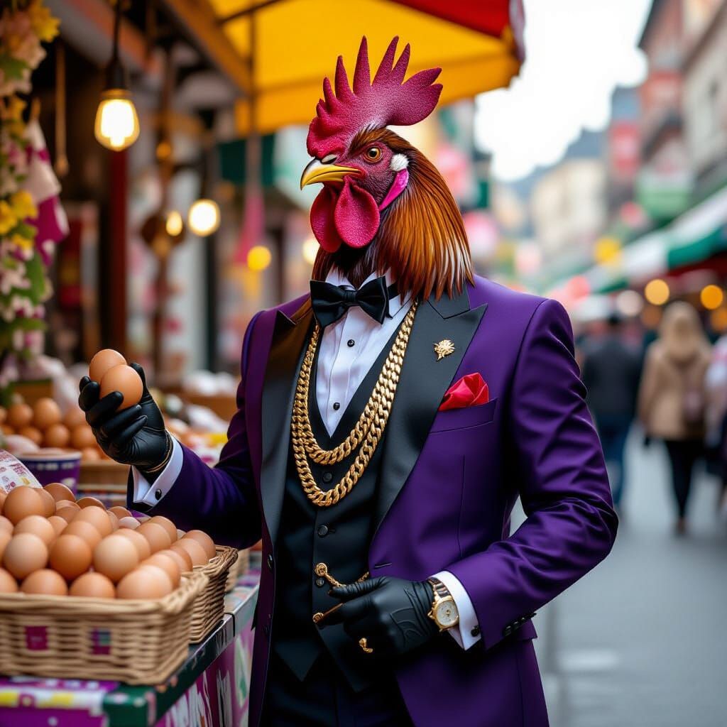 Rooster Hustling Eggs in Bespoke Suit