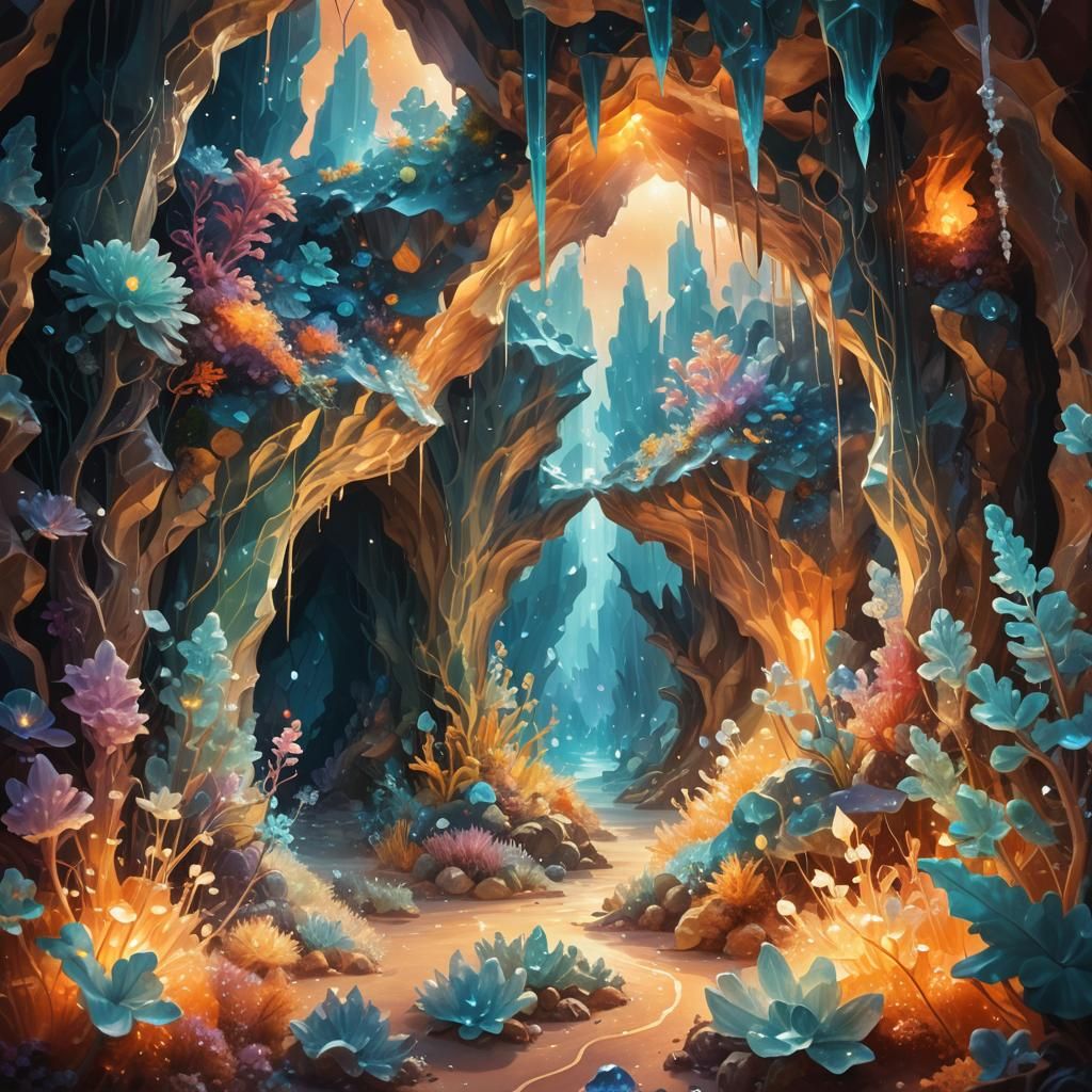 Glowing Crystal Cave: Surreal Oil Painting