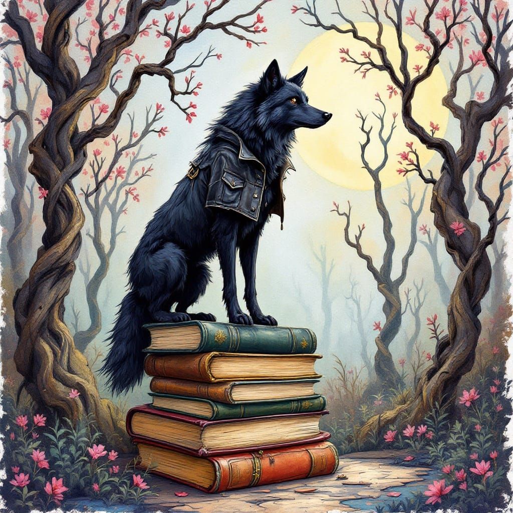 Wolf in Whimsical Wonderland of Vintage Books and Twisted Wo...