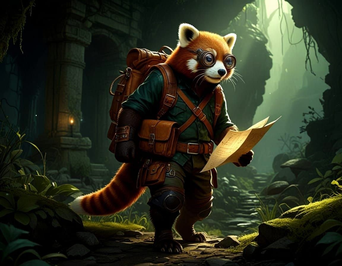 Red Panda Adventurer in Ancient Ruin Concept Art