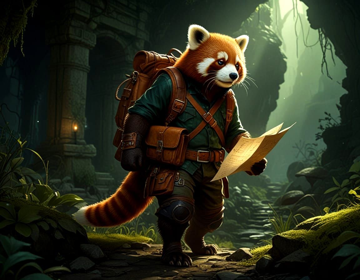 Red Panda Adventurer Navigates Ancient Ruins
