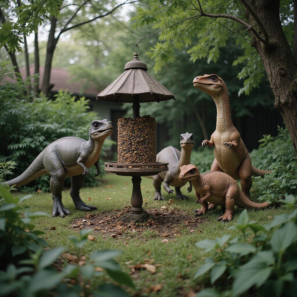 Dinosaurs Gather at Bird Feeder: Cinematic Still