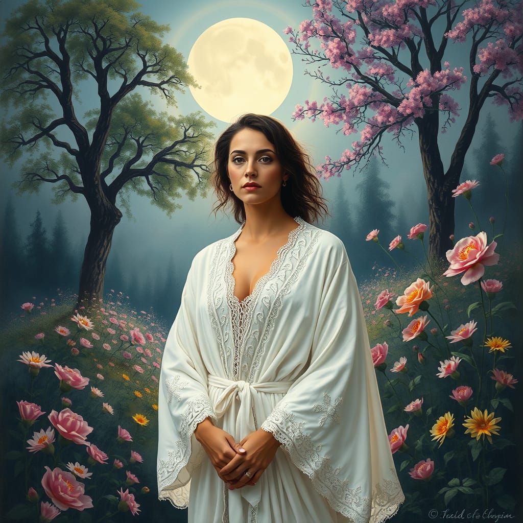 Woman Embracing Serenity in a Dreamlike Garden
