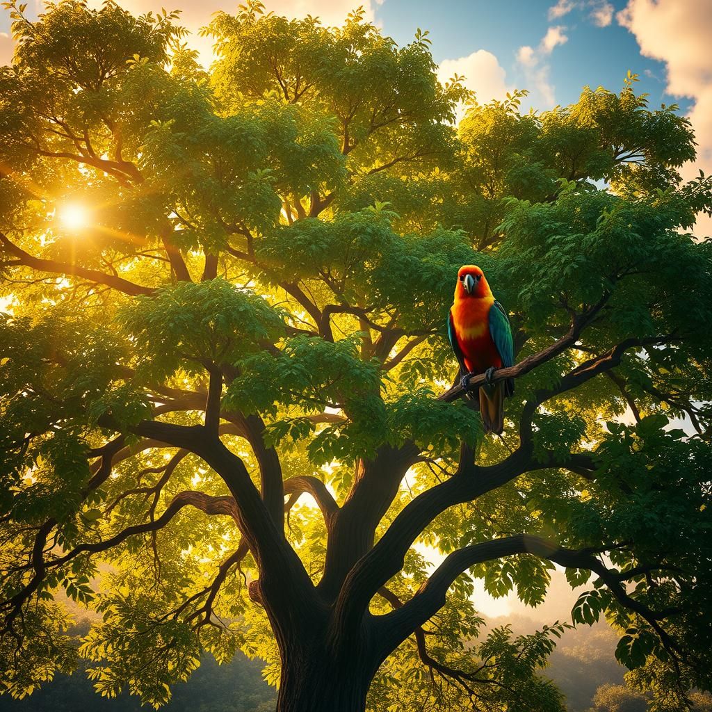 Summer Tree and Bird: Whimsical Fantasy Art