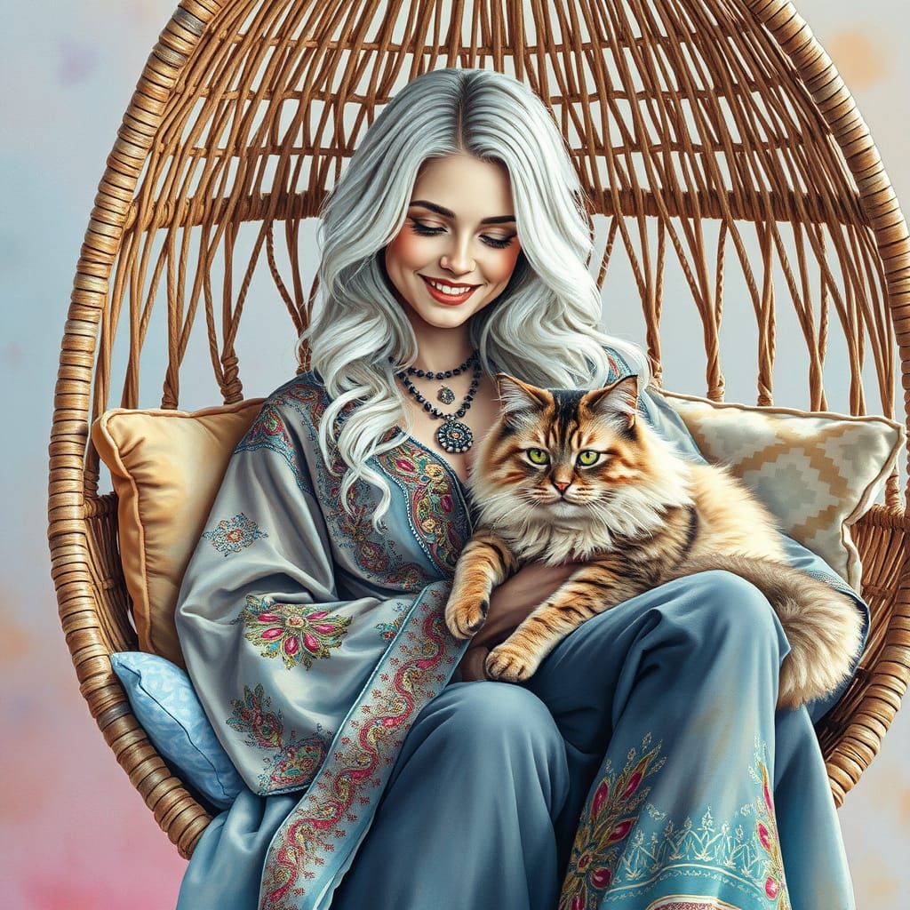 Serene Boho Goddess with Majestic Feline Companion
