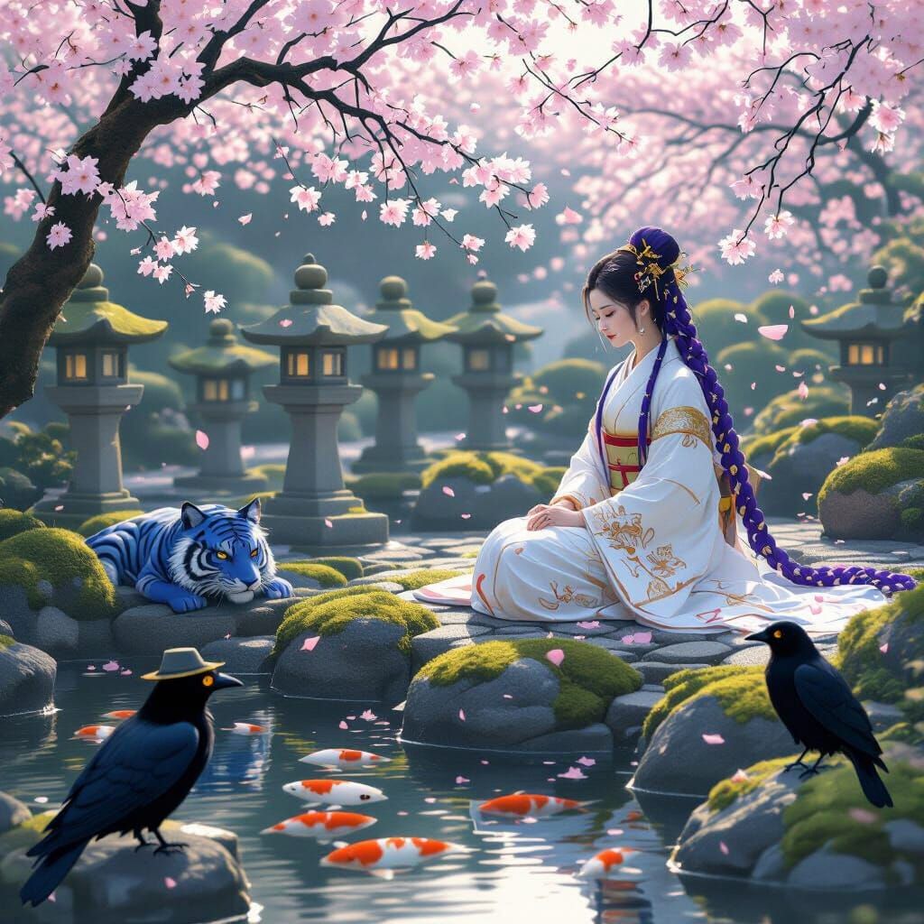 Serene Japanese Garden at Dawn with Falling Blossoms