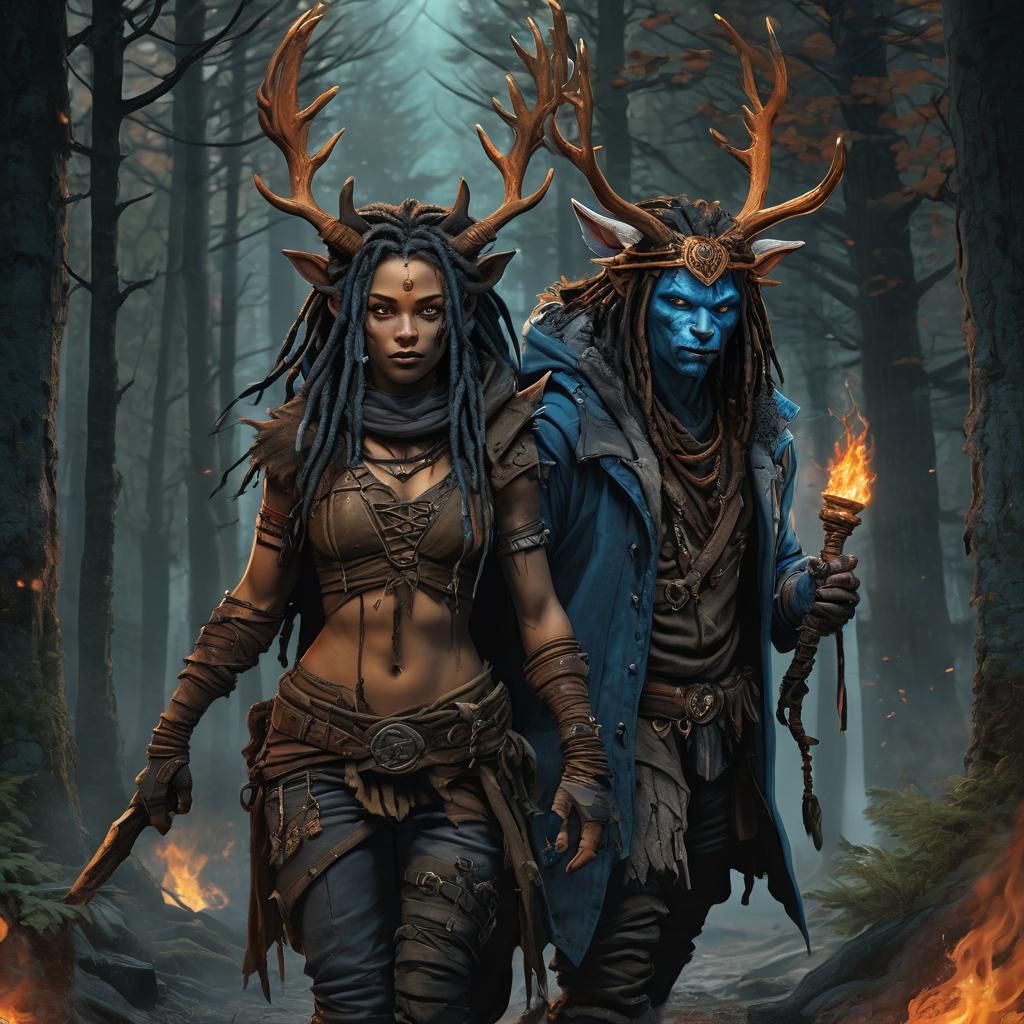 Fantasy Adventure: Firbolg and Rogue in Fire-Lit Forest