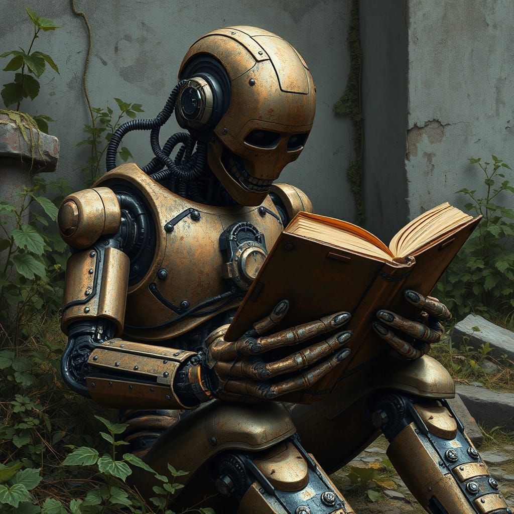 Robot Reads Book in Abandoned City, Industrial Futurism