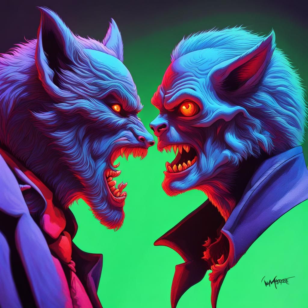 Macabre Werewolf vs Vampire in UV-Reactive Colors