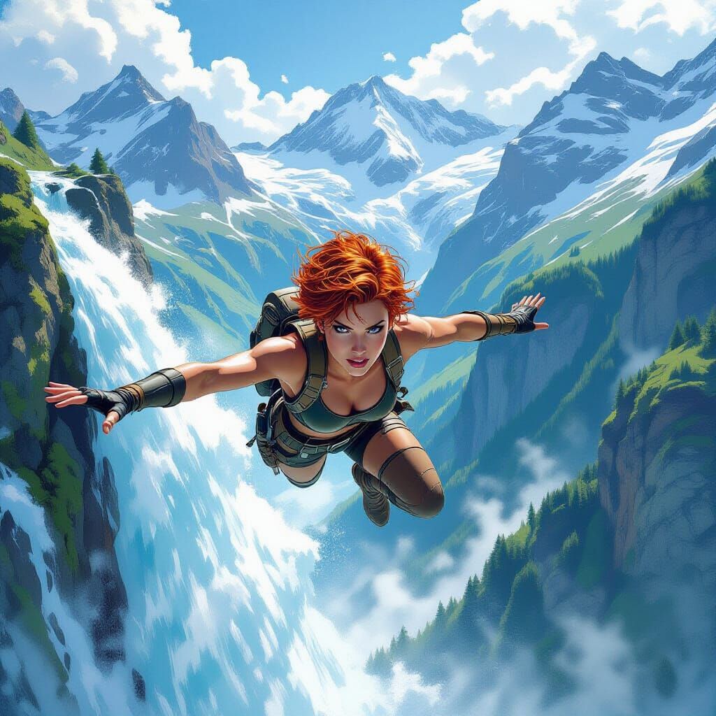 Adventurer Woman Dives From Waterfall in Alps Comic Art