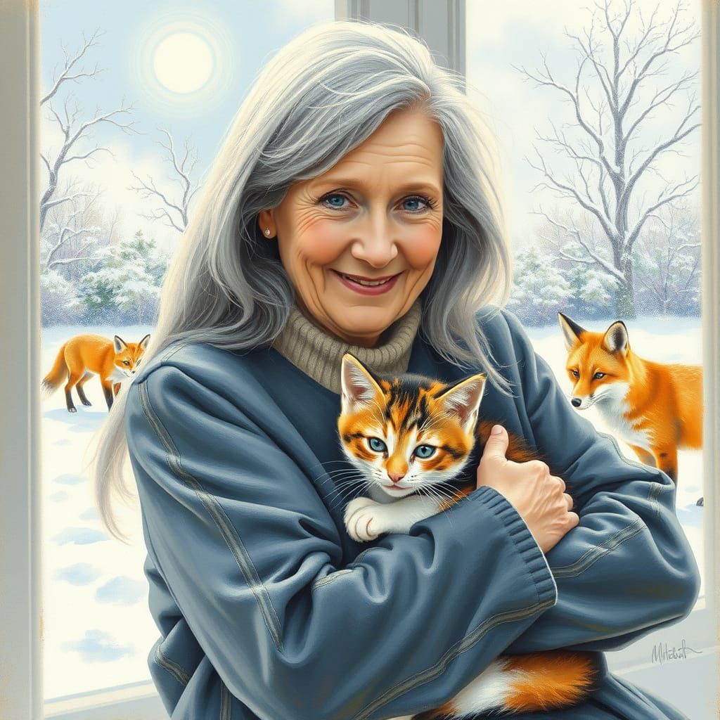 Elderly Woman Cradles Kitten in Snowy Garden Pastel Drawing