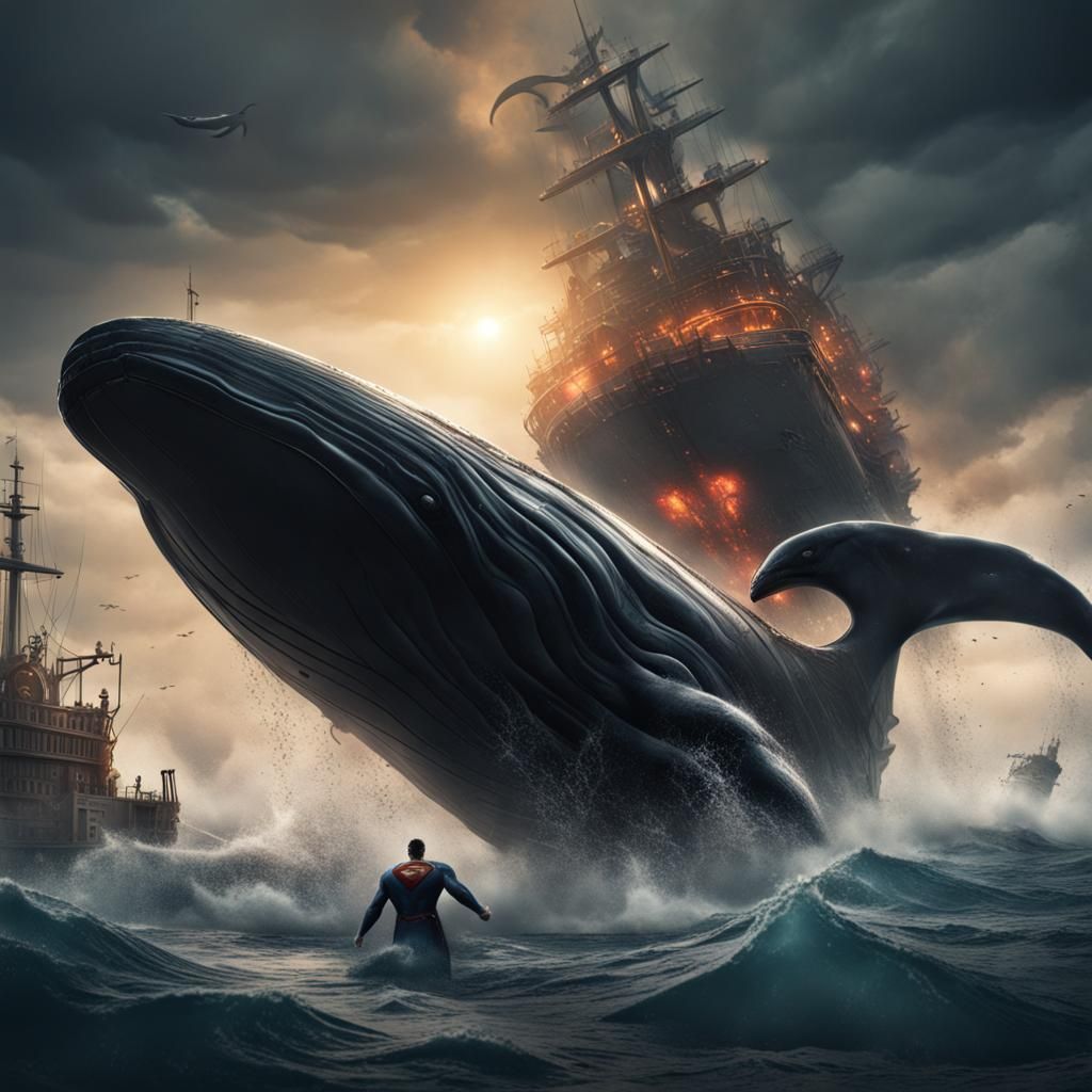 Black Superman Rescues Ship from Whale, Detailed Art