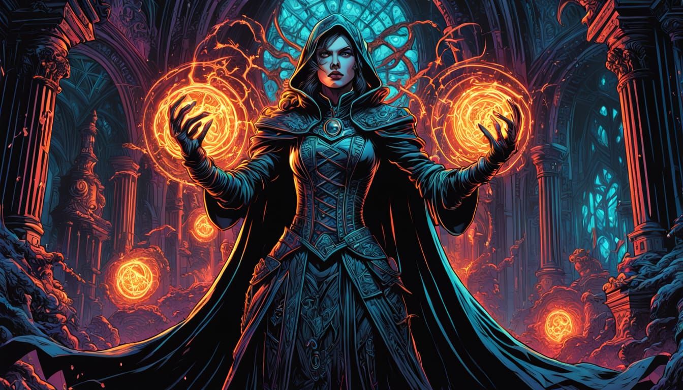 Gothic Sorceress in Gigeresque Dystopia - Comic Art