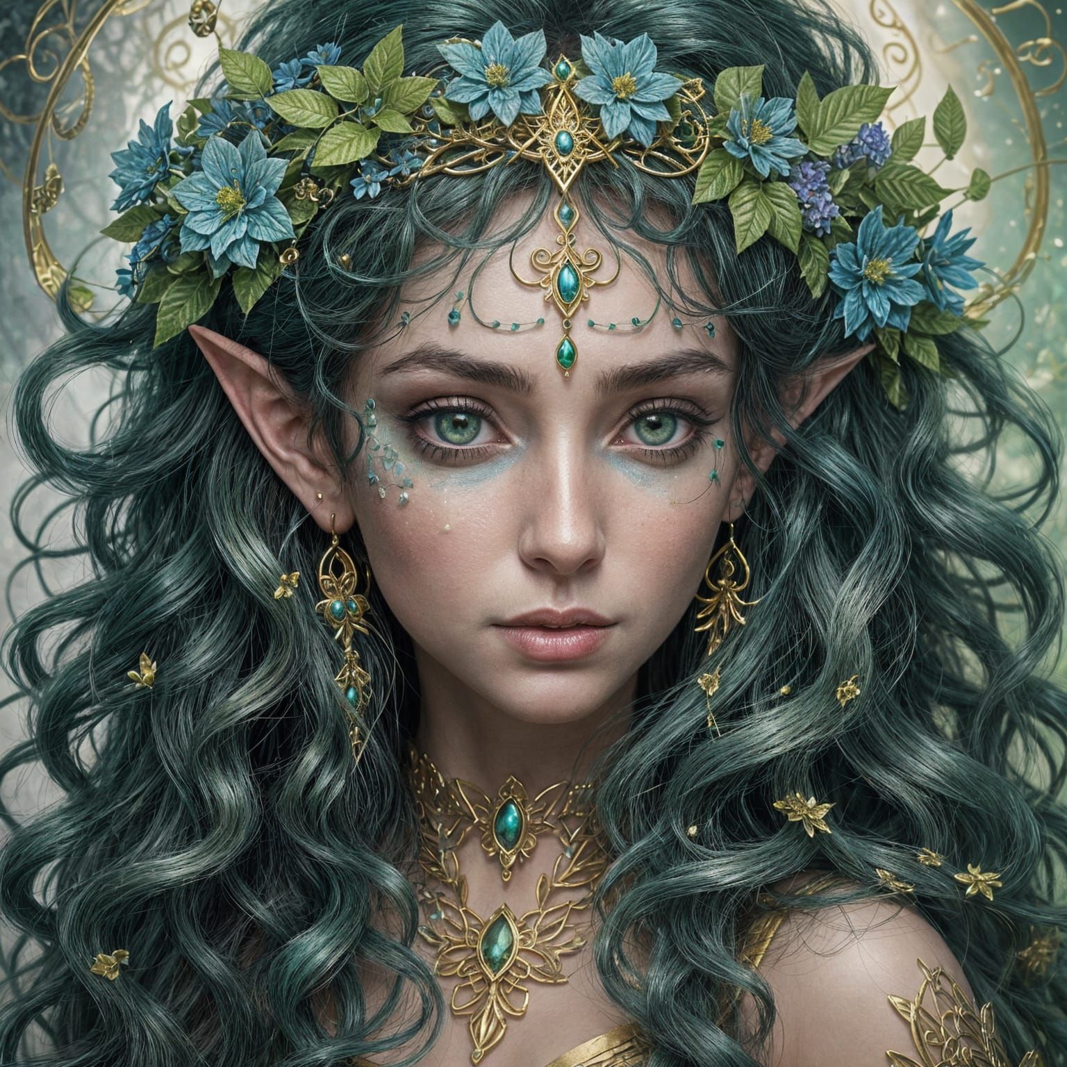Ethereal Elf Portrait with Golden Decorations