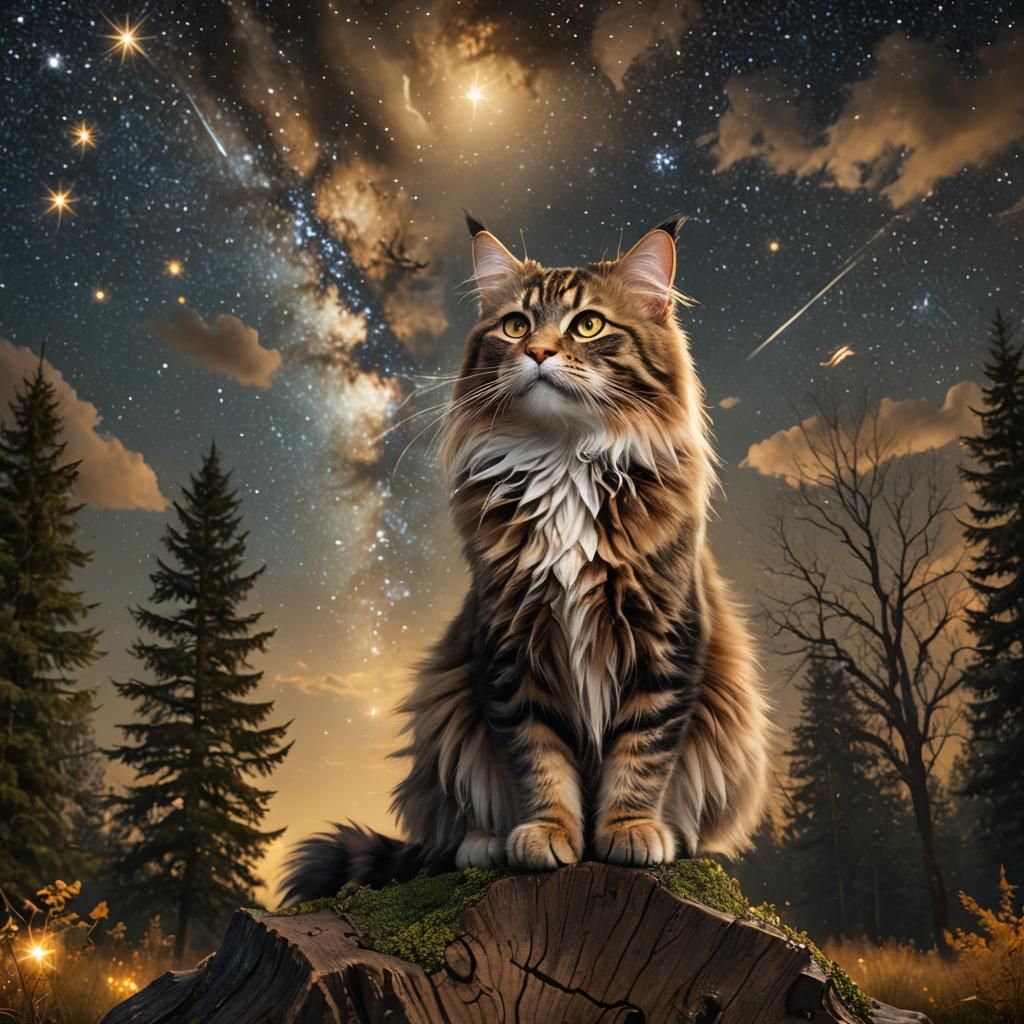 Norwegian Forest Cat Gazing at Meteor Shower