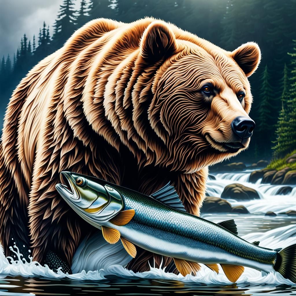 Hyperrealistic Bear Catching Salmon in River