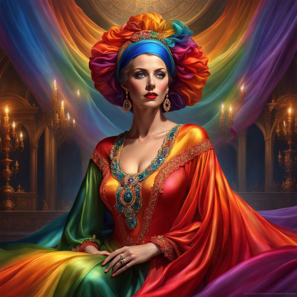 Rainbow Lady in Nightgown: Detailed Matte Painting