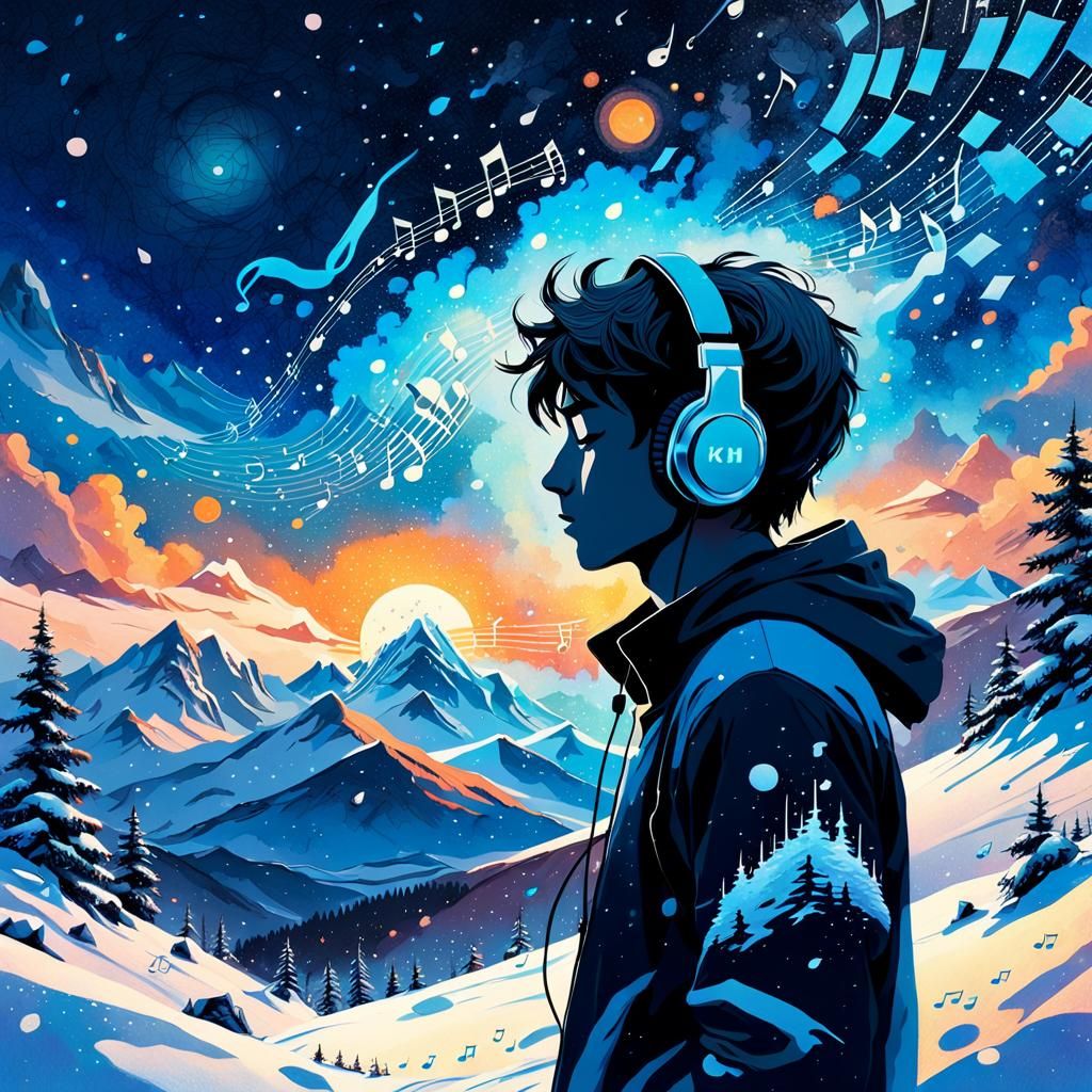 Silhouette Boy Listening to Music in Starry Winter