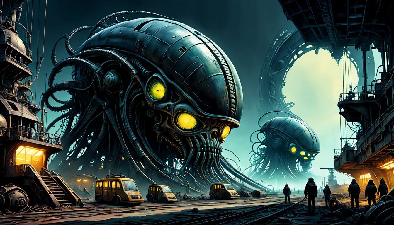 Biopunk Shipyard in Hyper-Detailed, Vibrant Scene