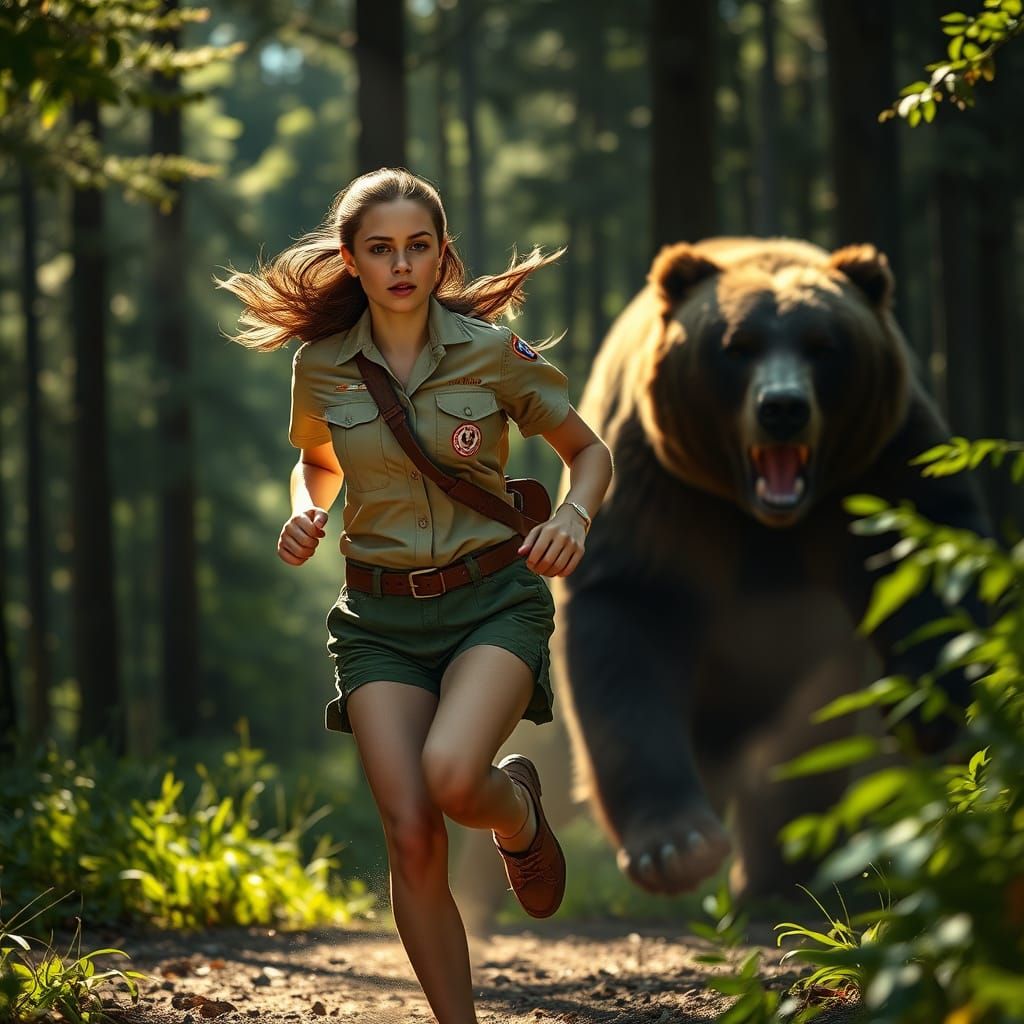 Woman Scout Running from Bear in Forest