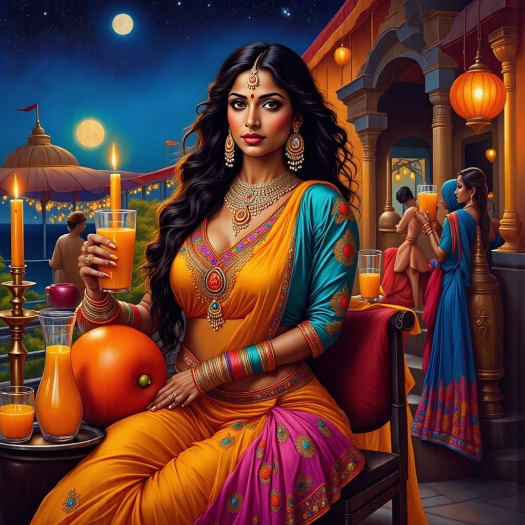 Indian Woman at Night Bar, Oil and Watercolor Painting