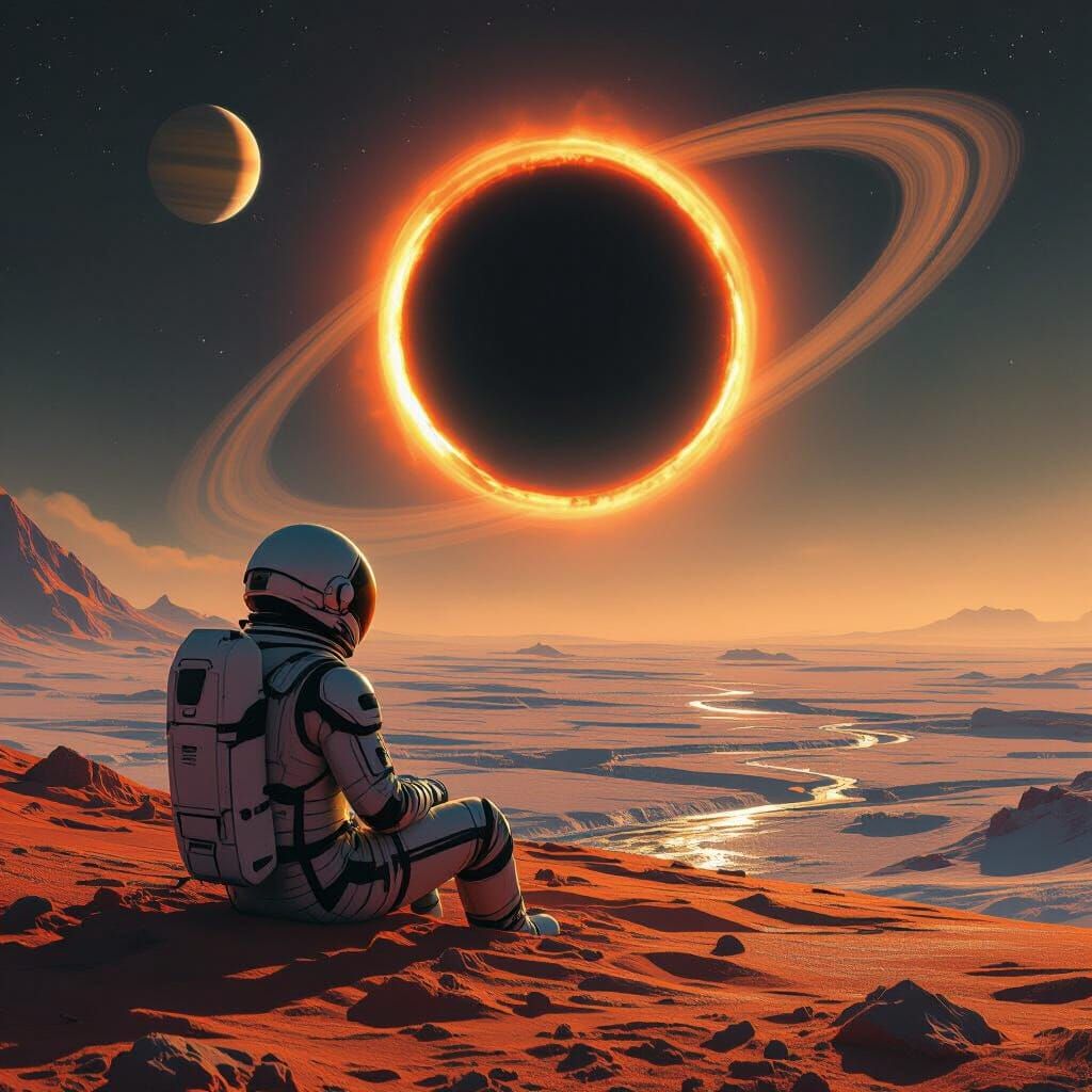 Astronaut Observes Black Hole on Titan as Digital Art