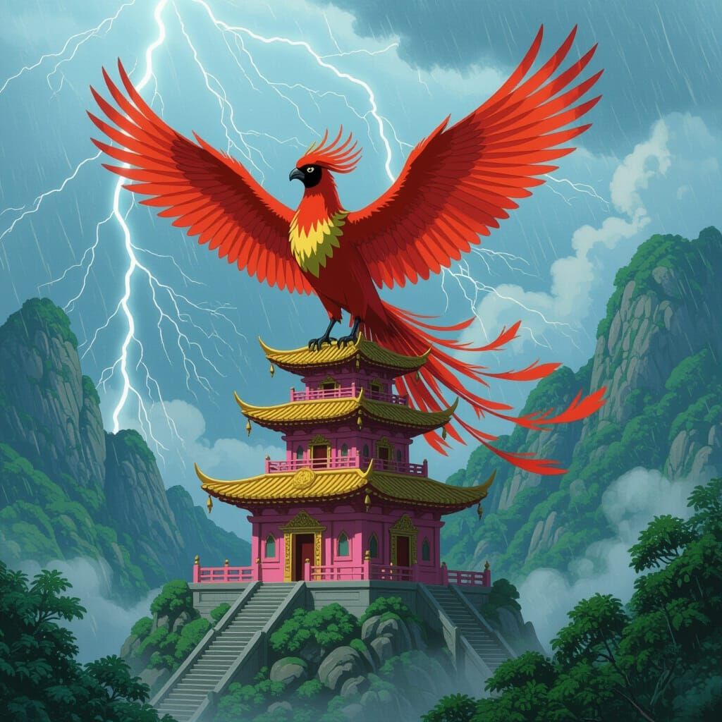 Mystical Fire Bird on Temple in Miyazaki Style