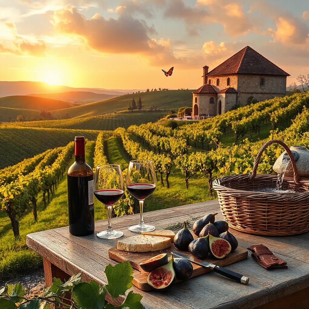 "A  scene of a Tuscan vineyard at golden hour, with rolling hills covered in rows of lush grapevines.