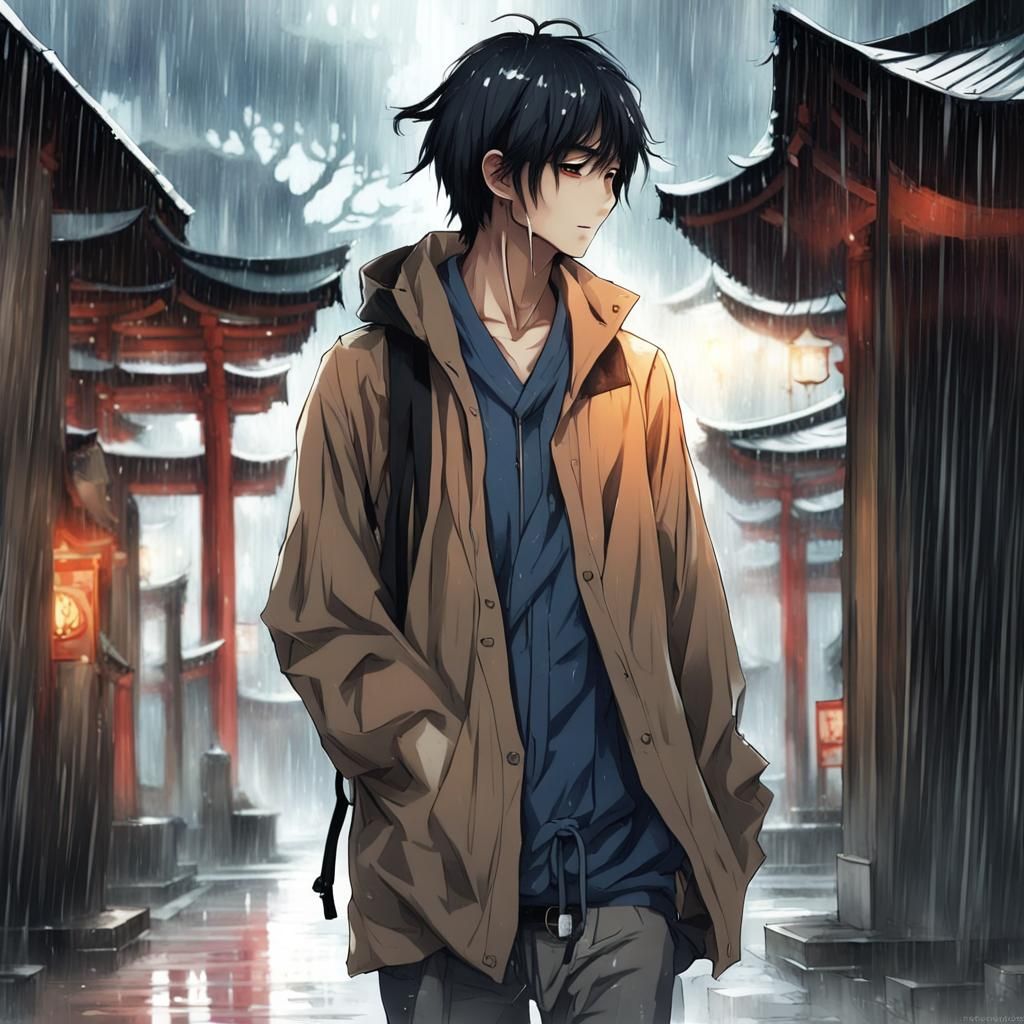 Teenage Boy in Shrine: Anime Key Visual Art