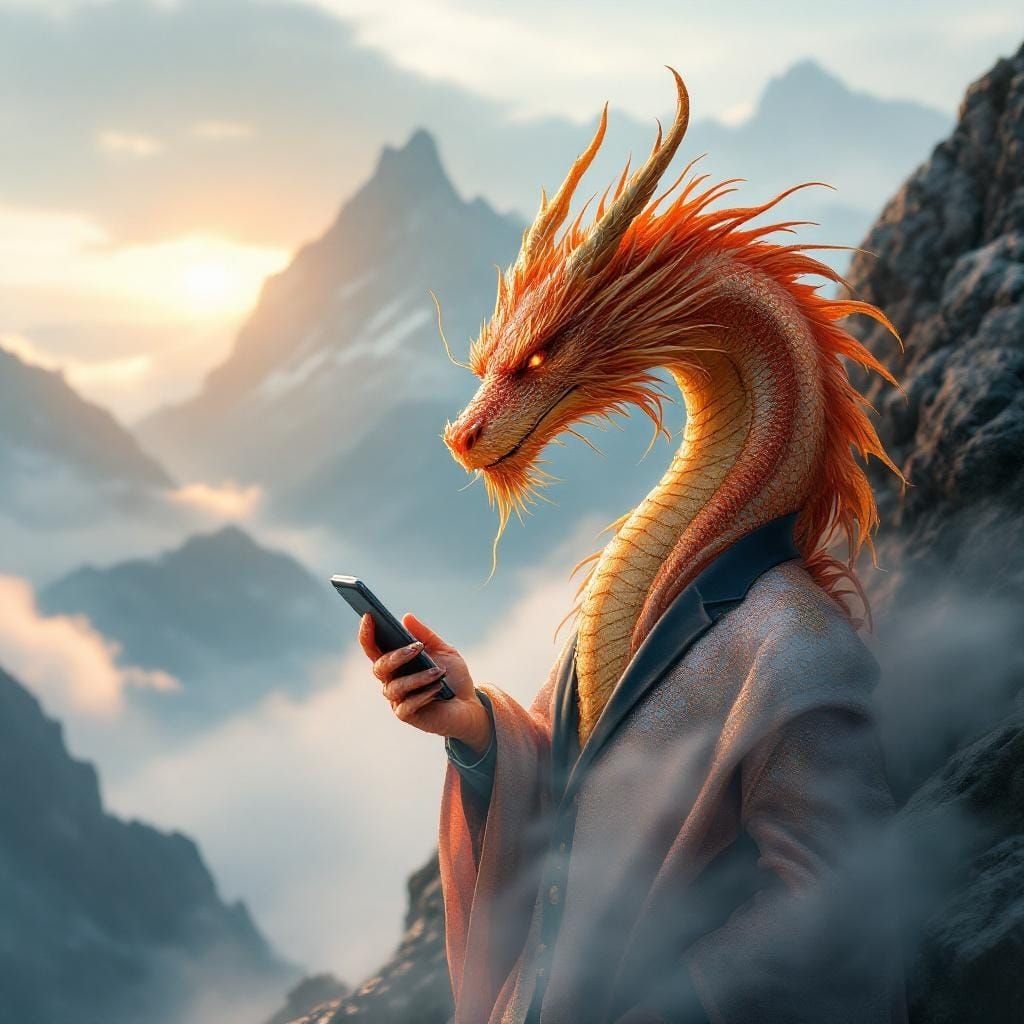Dragon on Smartphone in Misty Mountains, Octane Render