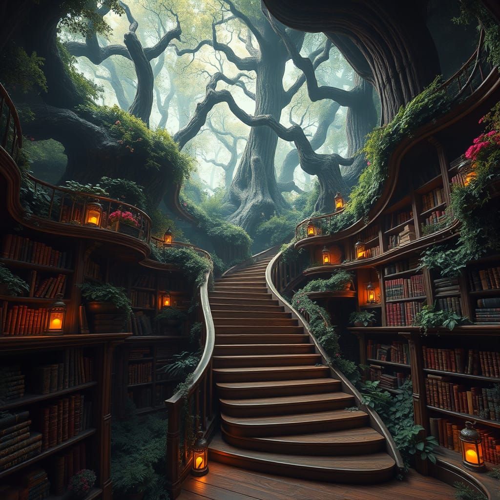 Majestic Library Among Lush Forest Landscape in Dreamlike St...