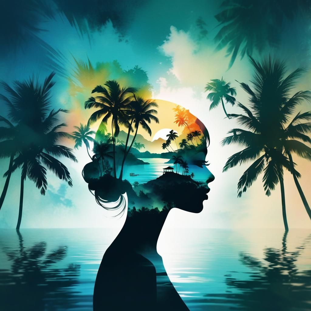 Tropical Oasis Double Exposure Watercolor Portrait