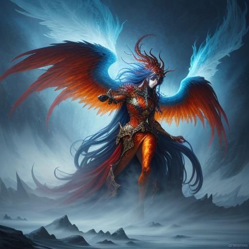 Fiery God and Mystical Woman in Snowy Landscape