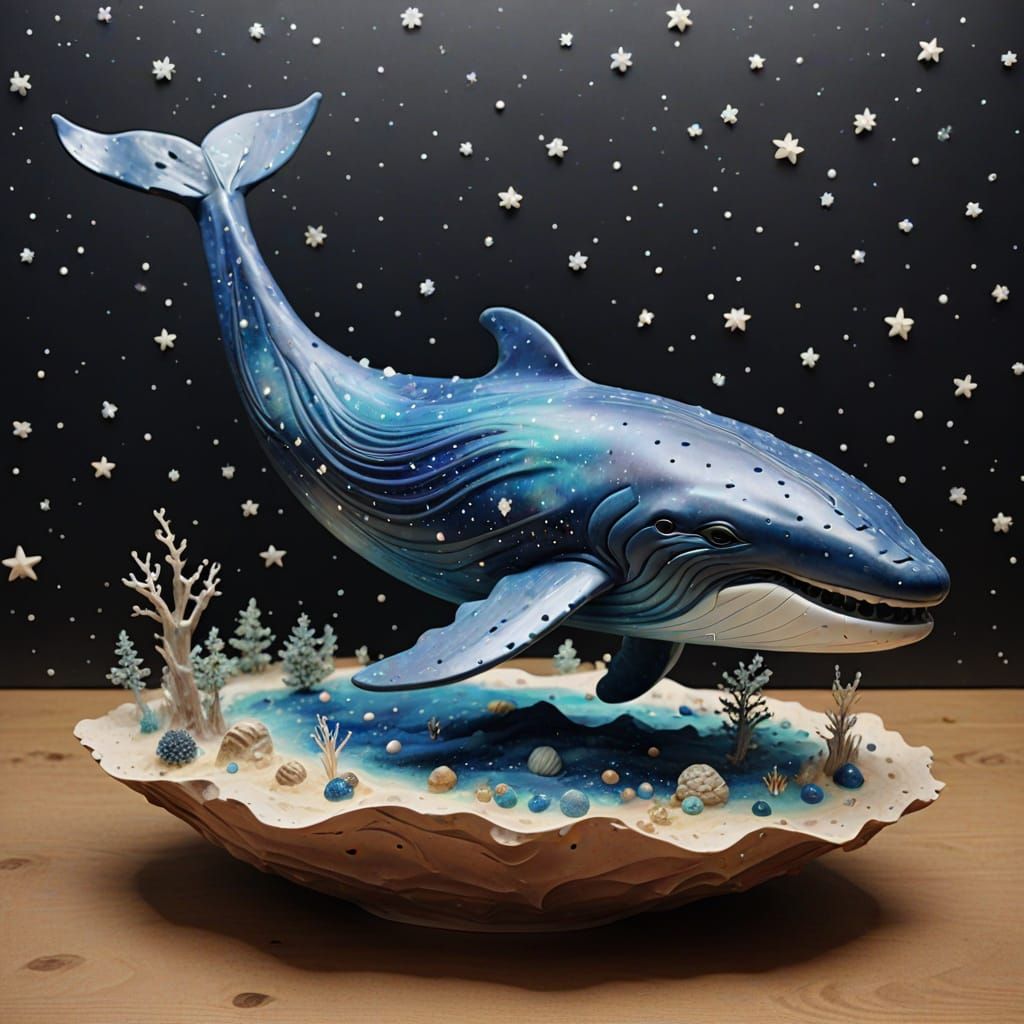 Clay Sculpture of Whale Floating Through Galaxy