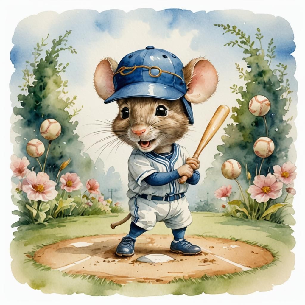 closeup, funny caricature mouse as a baseball player:: watercolor in the style of of artist Beatrix Potter