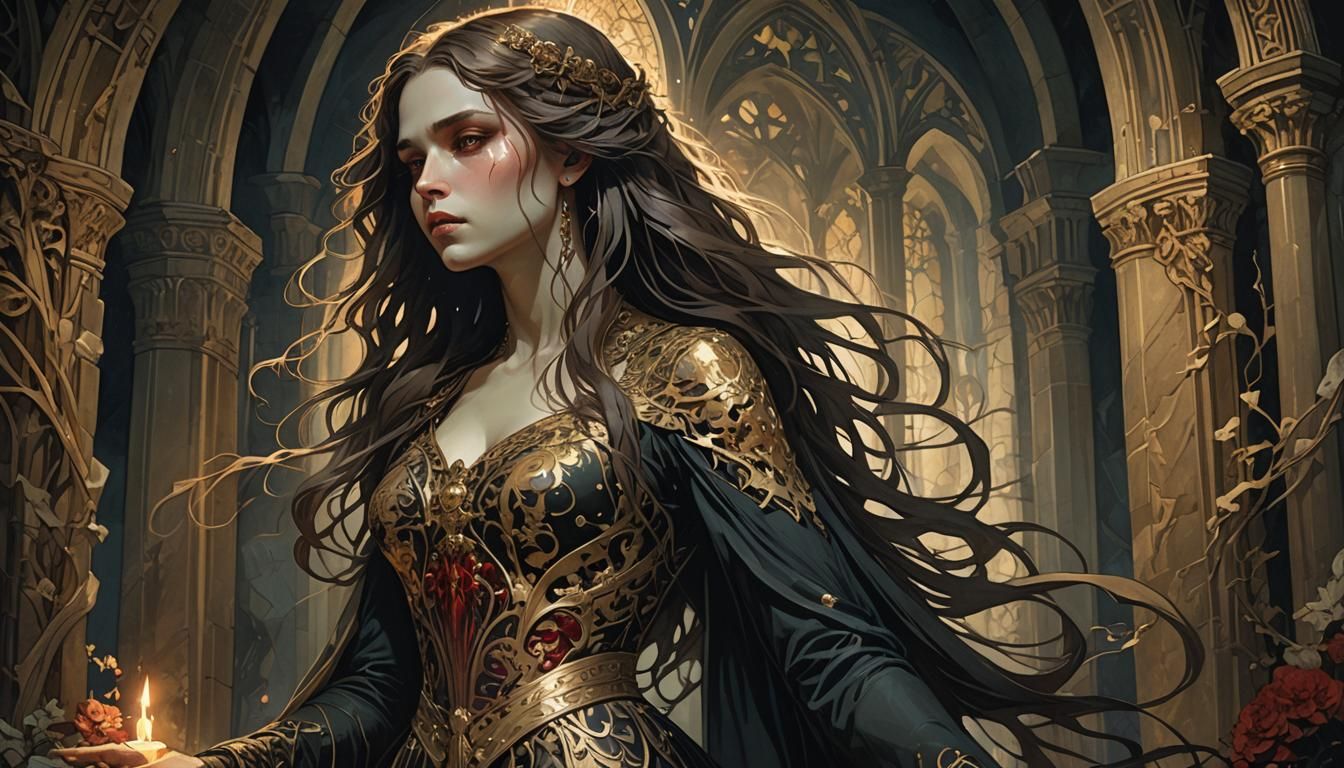 Gothic Woman in Crypt with Art Nouveau Details