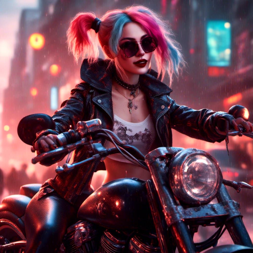 Harley Quinn on Motorcycle: Hyperreal Rococo Portrait