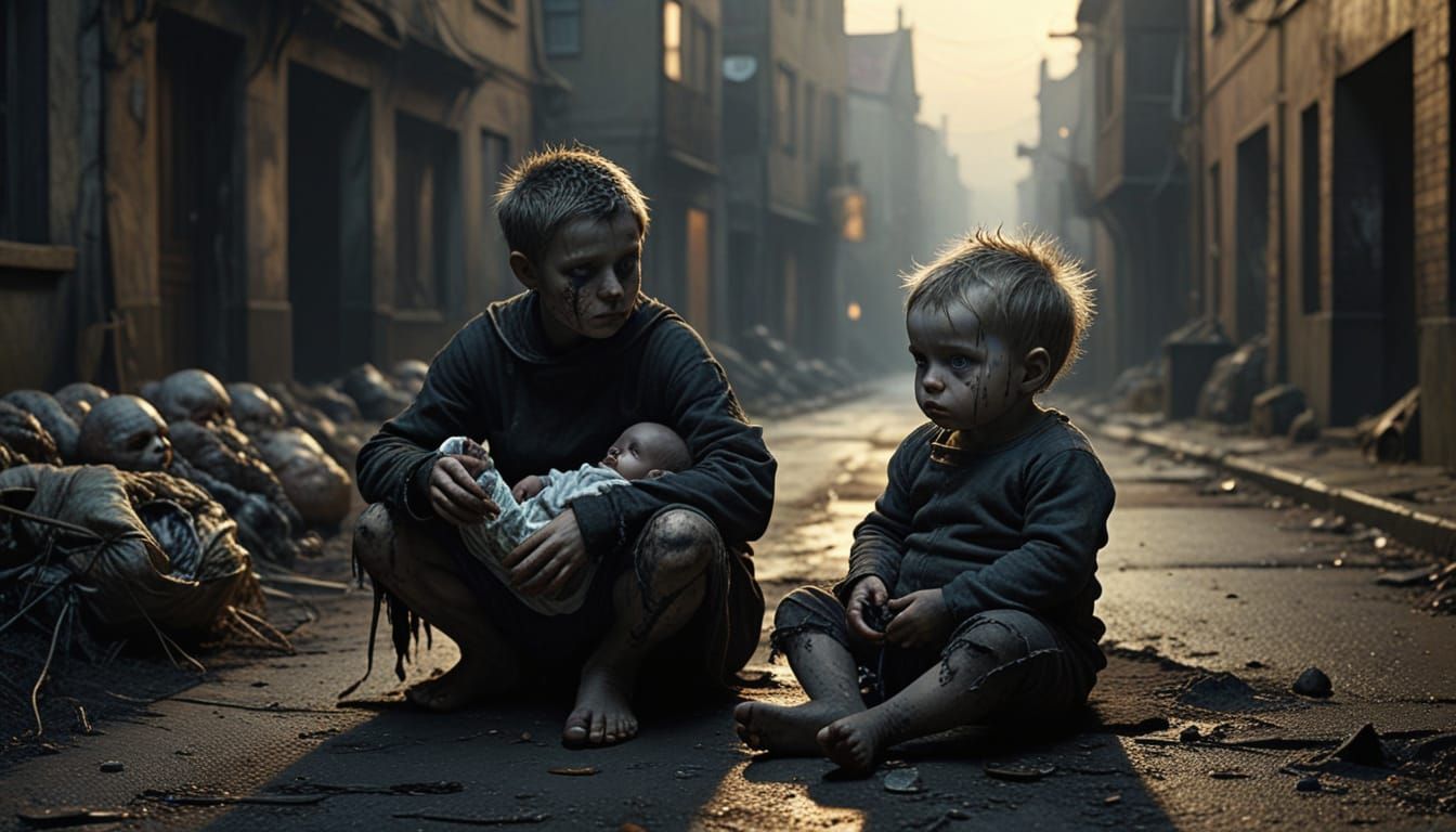 Surreal Film Still: Baby with Scavenging Family in Dark City