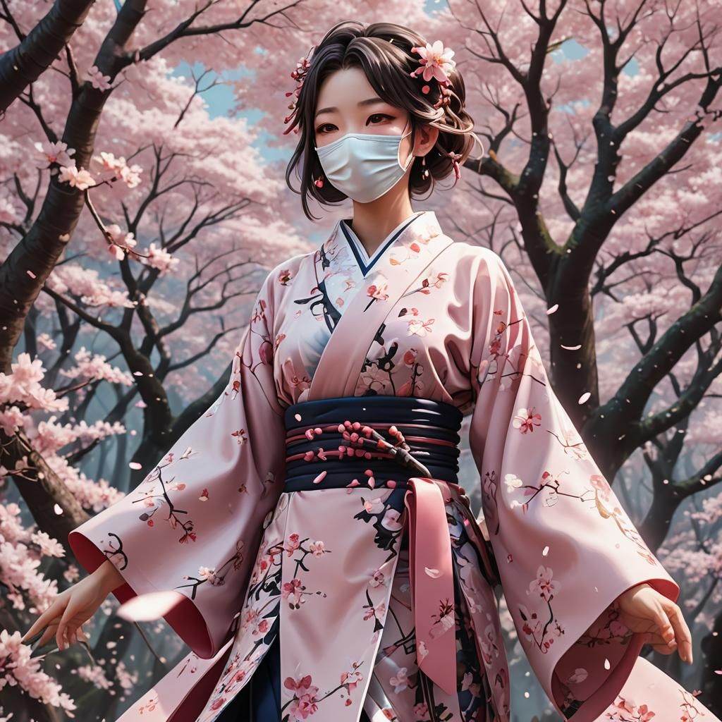 Masked Woman in Sakura Forest: 3D Anime Art