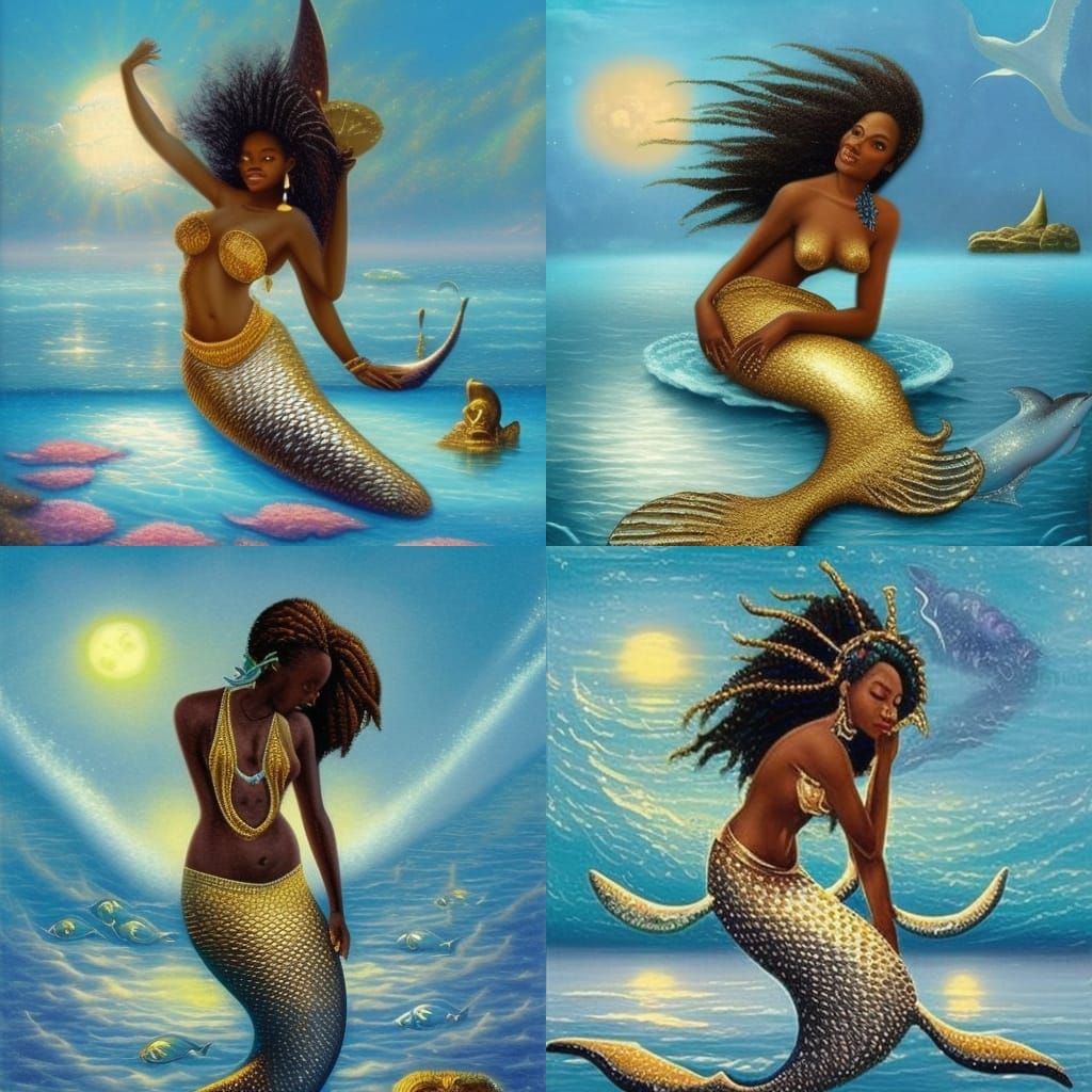 African Mermaid with Mirror Under Full Moon