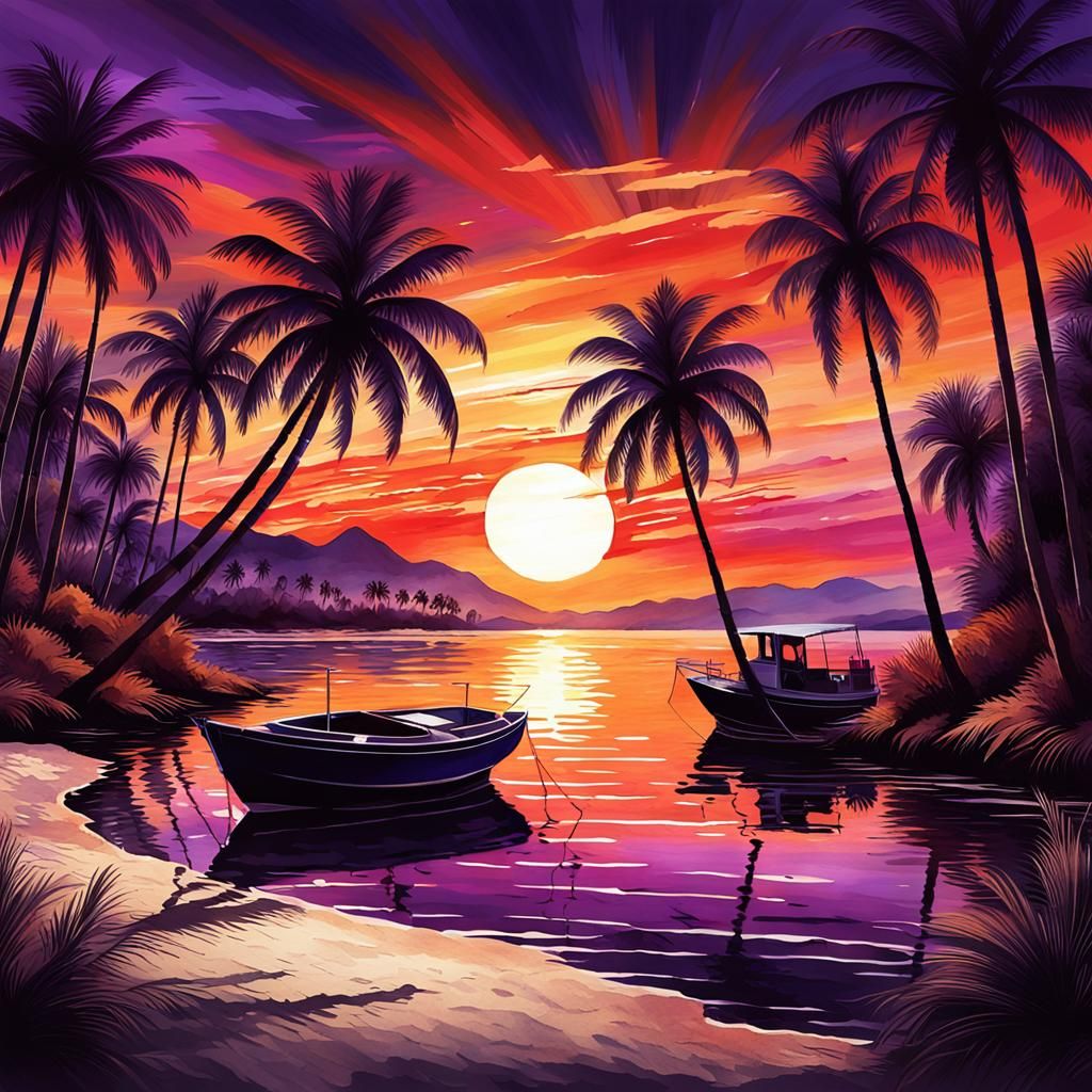 Brilliant Sunset Watercolour Painting with Palm Trees
