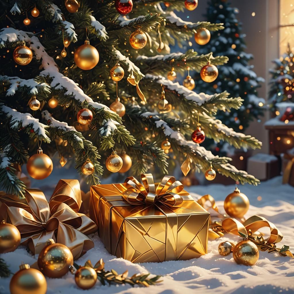 Christmas Present Under Tree: Fantasy Oil Painting