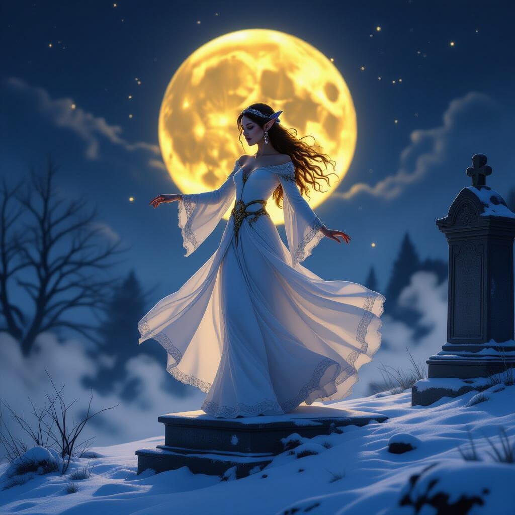 Elven Maiden's Dance on Tomb in Winter Landscape