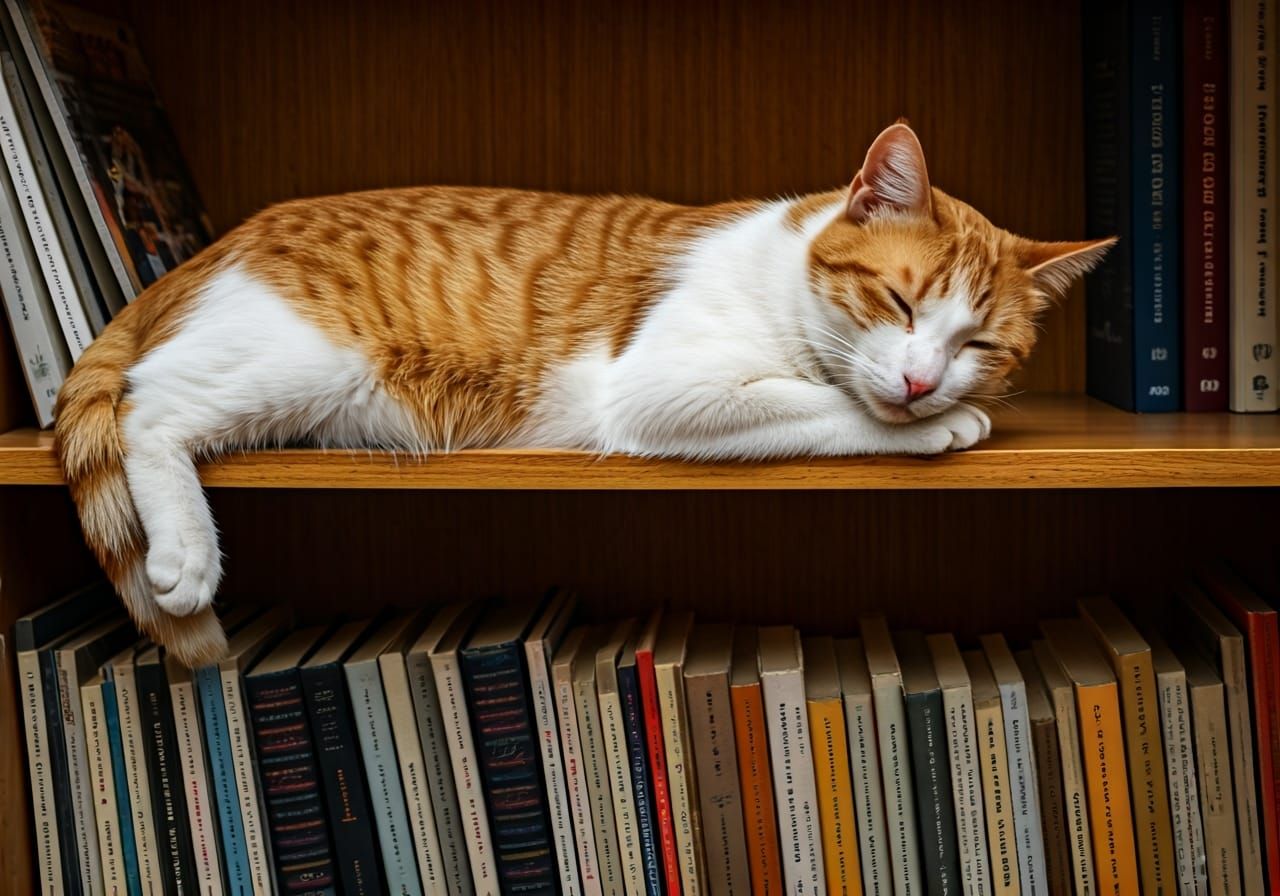 Orange Cat Napping in Bookstore, Photorealistic Image