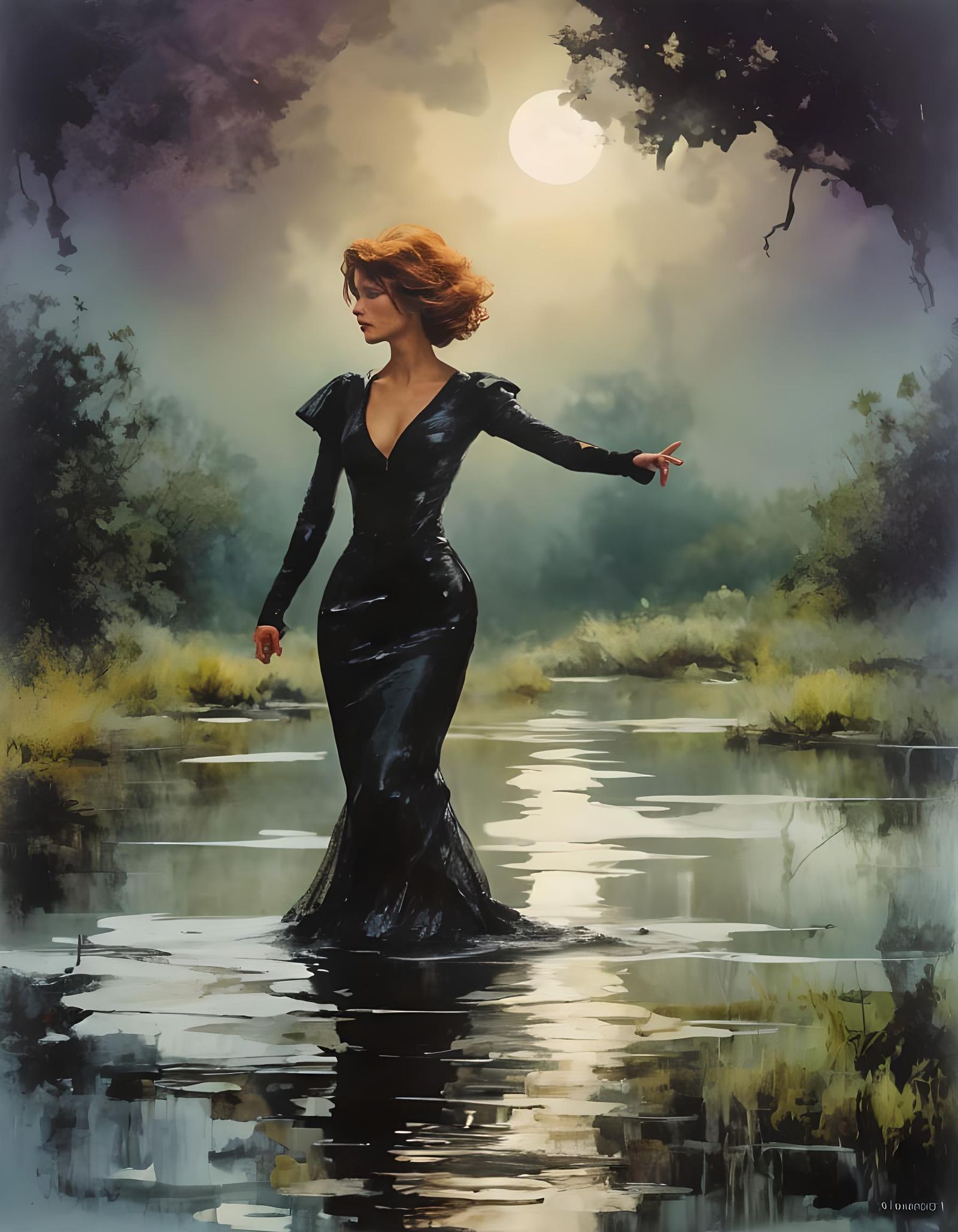 Ethereal Woman Emerges from Bayou Swamp at Night